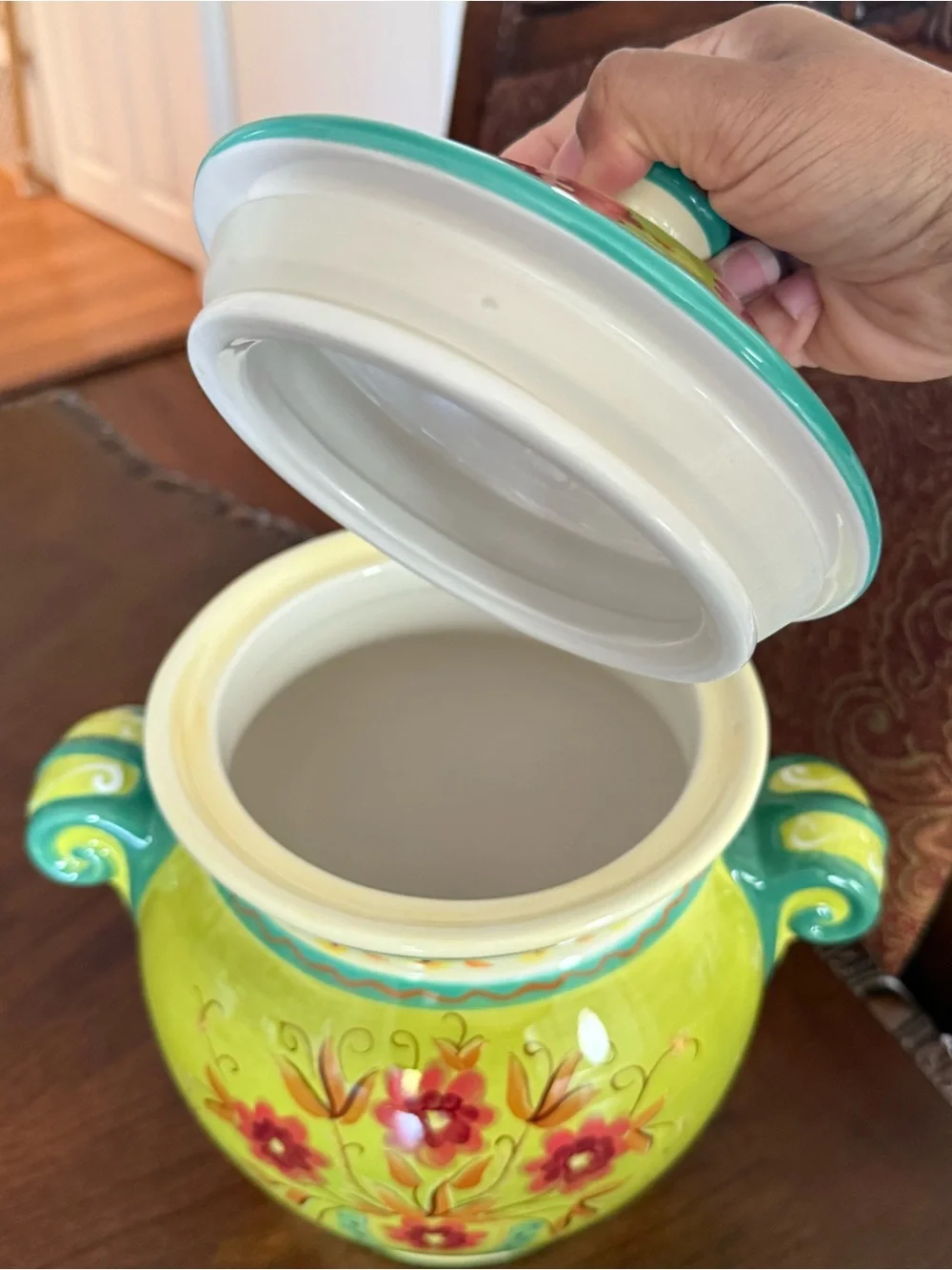 Pier 1 Hand-Painted Ceramic Cookie Jar Canister Lime Green Floral Lid w/Seal 12”